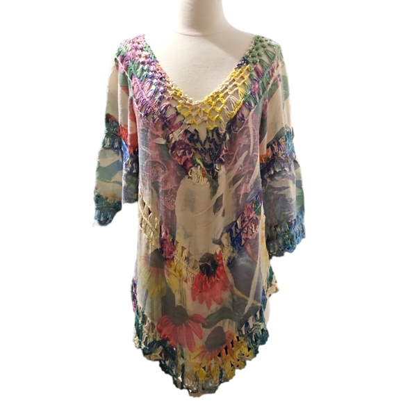 Anthropologie Tops - Anthropologie Dor Dor Couture Crochet Rainbow Print Tunic Top Size S
